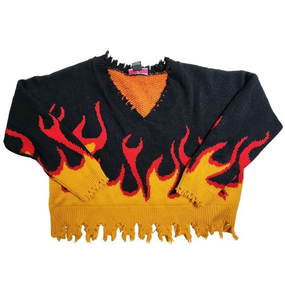 Runway Distressed Flame Print V-Neck Sweater, Women's Large - Picture 1 of 9